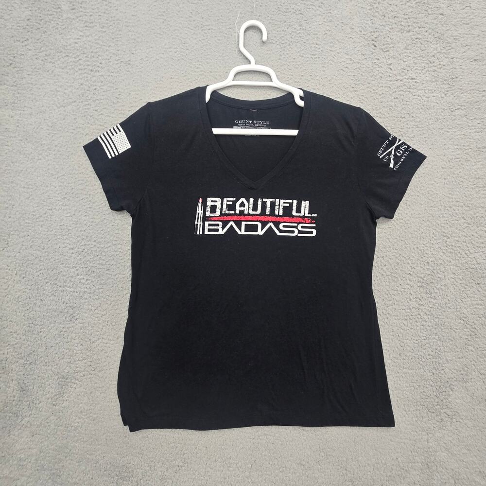 Grunt Style Beautiful Badass Womens 3XL Black V Neck Graphic T Shirt USA Flag